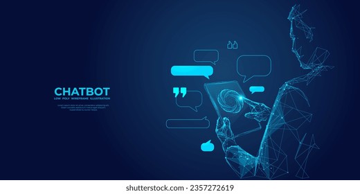 Abstract digital businessman with tablet uses chatbot app. Concept of Artificial Intelligence and technology innovation in the modern business world. Futuristic low poly wireframe vector illustration