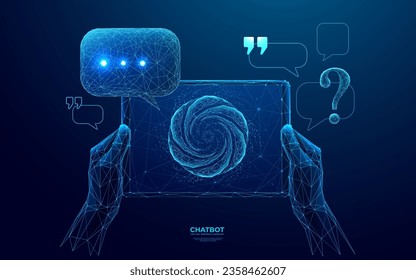 Abstract digital close-up hands holding tablet with chatbot logo on screen. Speech bubble, question, and quote marks on blue technology background. Futuristic low poly wireframe vector illustration.