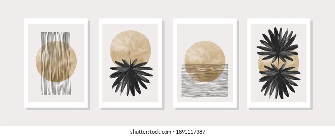 Abstract geometric, natural shapes poster set in mid century style. Modern illustration: tropical palm leaf, geo elements for minimalist print, poster, boho wall decor, flat design Vector minimal art