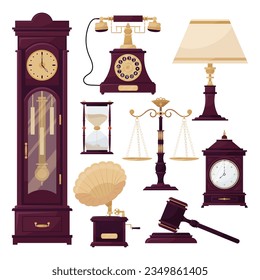 
Antiques, old things, vintage. Set of vector illustrations of antique items in burgundy color.