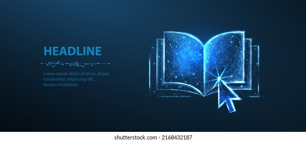 Arrow pointer clicking on digital book. Online library, e-education technology, distant study, educational resources, guide course, ebooks app, online seminar, e-learning resources concept.