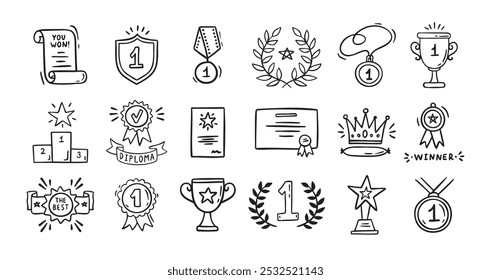 Auszeichnungen Doodle, Trophäenbecher, Medaillen und Diplom-Set. Handgezeichneter Champion-Pokal und Goldmedaille. Zeichnung Preis dekorative einzelne Symbole. Vektorgrafik