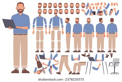 Bearded man character constructor. Male developer or programmer. A set of different views and poses, gestures and emotions, position of arms, legs and body for animation. Vector illustration