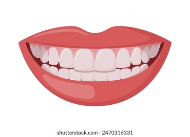 Beautiful smiling mouth with healthy teeth isolated on white. Healthy smile. Dentistry, dental treatment, whitening, orthodontics. Vector