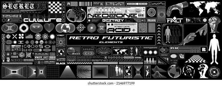 Große Sammlung von Retro-futuristischen Elementen für Design. Abstrakter Satz von Rahmen, 3D-Formen, Wireframe, Cyberpunk-Fenster und Perspektivgitter. Blanken für ein Poster, Banner, Visitenkarte, Aufkleber