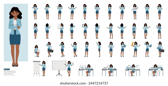 Big Set of businesswoman wear blue suit character vector design. Indian people working in office planning, thinking and economic analysis.