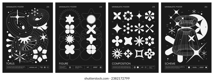 Black and White minimalistic Posters acid style with strange wireframes geometrical shapes and silhouette y2k basic figures, futuristic design inspired by brutalism, set 54