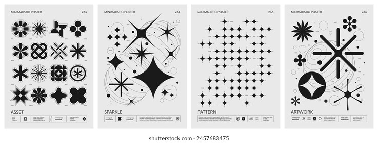 Brutalistischer Stil Vektorgrafik minimalistische Plakate mit Silhouetten Grundfiguren, Retro futuristische grafische Elemente von geometrischen Formen Rave-Komposition, Moderne monochrome Druckkunst, Set 59