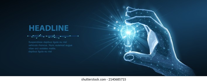 Bulb in hand. Glowing light bulb in man hand isolated on dark blue. Creative idea, patent, digital solution, future technology, business innovation, hi tech electric, smart vivision concept