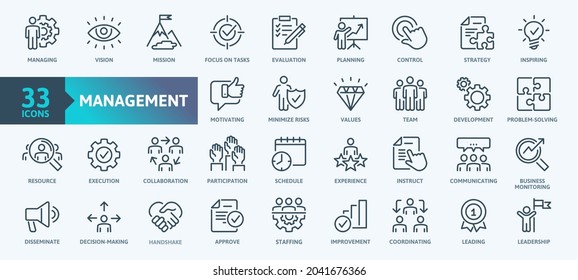 Business Management Outline Icon Collection. Thin Line Set contains such Icons as Vision, Mission, Values, Human Resource, Experience and more. Simple web icons set.