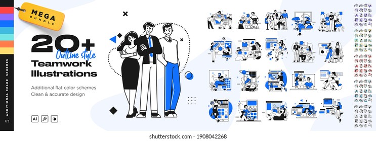 Business Teamwork illustrations. Mega set. Collection of scenes with men and women taking part in business activities. Trendy vector style