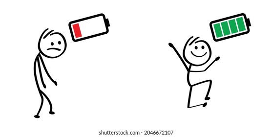 Cartoon Life energy. Stickman, Businessman with red low battery and stick man, business man with green full level. Charge indicator pictogram. Happy, unhappy, Energetic, tired or exhausted. Burnout.