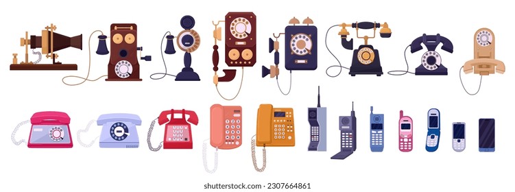 Cartoon phone evolution. Old vintage phones, wireless modern mobile phones and smartphones flat vector illustration set. Telephone devices development