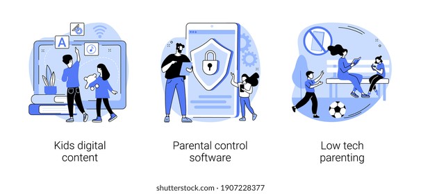 Children media access abstract concept vector illustration set. Kids digital content, parental control software, low tech parenting, screen time, gadget-free parenting, online apps abstract metaphor.