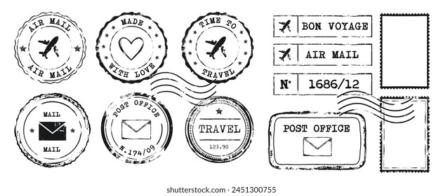 Collection of Vintage Postal Stamps and Postmarks featuring Airplanes, Hearts, and text, in black ink. Retro grunge Scrapbook elements