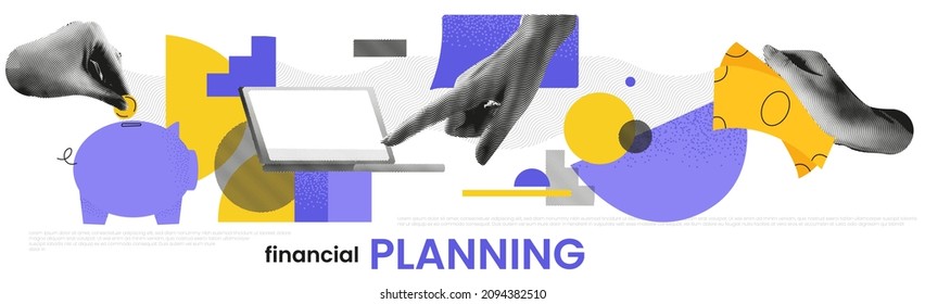 Contemporary collage with hands and a laptop and money and abstract shapes. Grunge banner of financial planning. Vector art