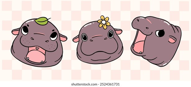 cute grumpy baby pygmy hippo moo deng face banner cartoon character collection