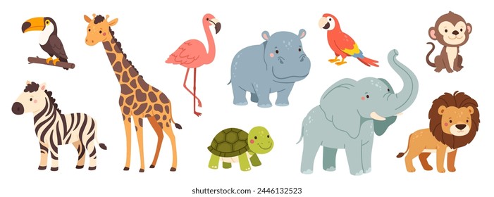 Cute jungle animals. Cartoon African wild mammals. Funny lion, zebra, happy elephant, monkey, nice hippo, toucan and parrot birds. Kids safari animal. Vector set. Flamingo, turtle characters