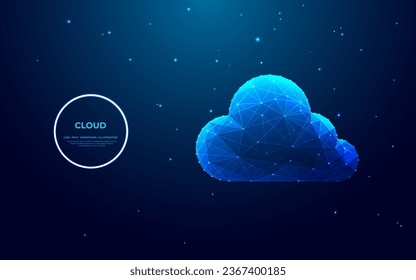 Digital cloud in futuristic polygonal style in technology blue on dark starry sky background. Cloud technology, service, and storage abstract concept. Low poly wireframe vector illustration.