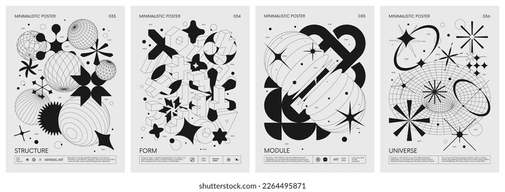 Futuristische retro-Vektorminimalistische Poster mit seltsamen Wireframes grafischen Assets von geometrischen Formen modernen Design inspiriert von Brutalismus und Silhouette-Grundfiguren, Set 9