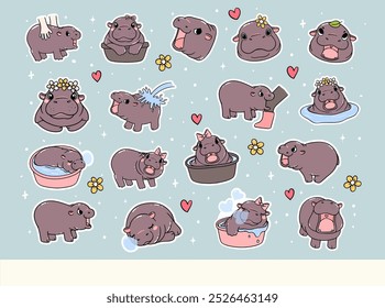 Grumpy Baby Pygmy Hippo Playful bouncy pig Cartoon Hand Drawn Doodle Sticker Sheet