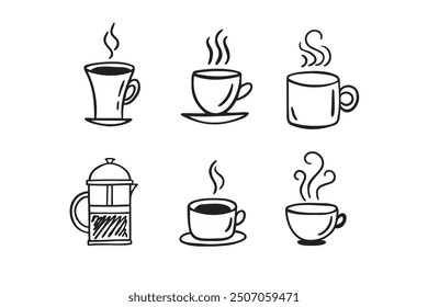 Handgezeichnete heiße Getränke Set. Doodle Kaffeetassen, weißer Hintergrund. Kaffee, Tee, Cappuccino, Espresso, Latte, American, heiße Schokolade. Vektorgrafik