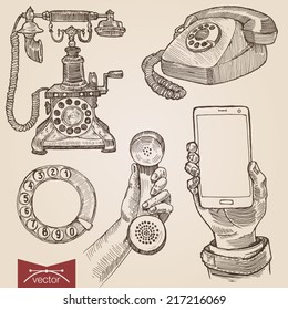 Handdrawn engraving style pen pencil crosshatch hatching paper painting retro vintage vector lineart illustration set of old fashioned disc phones smartphone. Engrave silhouette conceptual collection