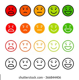 Iconic illustration of satisfaction level. Range to assess the emotions of your content. Excellent, good, normal, bad, awful. Vector illustration. Isolated on white background