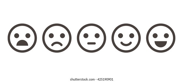 Iconic illustration of satisfaction level. Range to assess the emotions of your content. Feedback in form of emotions. User experience. Customer feedback. Excellent, good, normal, bad, awful.