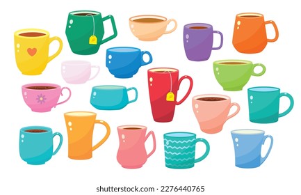 Large set with a variety of cups and mugs. Cups with tea and coffee.