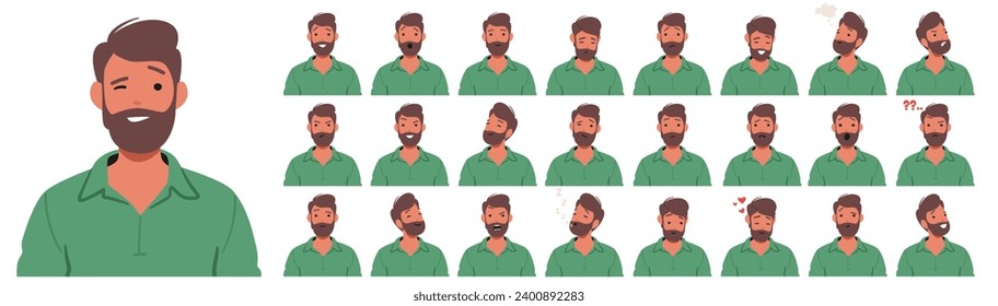 Man Facial Emotions Set. Male Character Radiates Joy Through the Smile, Furrow Brows, Angry, Fall in Love , Shocked And A Serene Expression Reflects Inner Peace. Cartoon People Vector Illustration