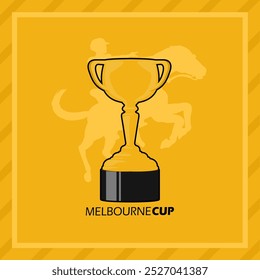 Melbourne Cup Day am ersten Dienstag im November zu feiern. Illustration einer goldenen Tasse mit einem Reiter im Rahmen auf hellorangefarbenem Hintergrund. Banner für Sportereignisse.