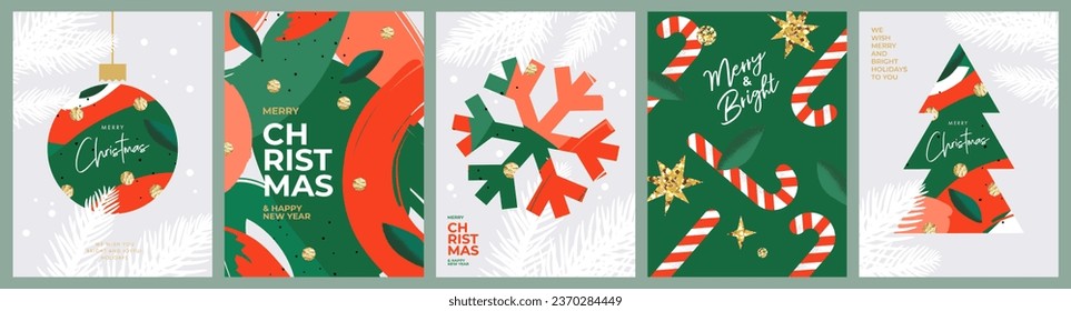 Fröhliche Weihnachten und viel Glück für das neue Jahr Grußkartenset. Modernes Xmas-Design mit Typografie, schönem Weihnachtsbaum und Ball, Schneeflocke, Kantenmuster. Banner, Poster, Cover-Vorlagen für Kleinkunst