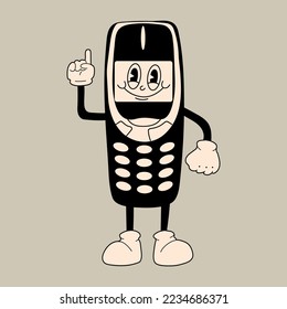 Old phone. Cute cartoon character with hands, legs, eyes. Retro comic style. Hand drawn isolated Vector illustration. Print, logo template