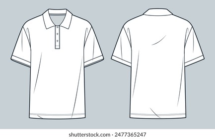 Polo Shirt technische Mode-Illustration. T-Shirt Mode flache technische Zeichnung Vorlage, Kurzarm, Polo Kragen, Buttone, entspannte Passform, Vorder- und Rückansicht, Weiß, Damen, Herren, Unisex CAD Mockup.