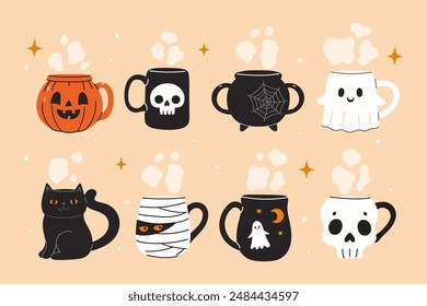 Postcard or poster with a set of cute Halloween mugs. Vector graphics.