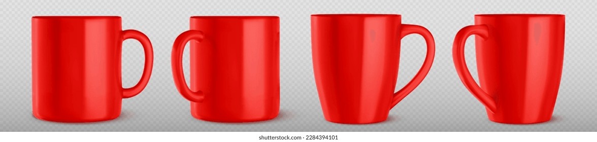 Realistic set of red mug mockups isolated on transparent background. Vector illustration of big ceramic cups with handles for drinking beverages, hot tea or coffee at home or in office. Place for