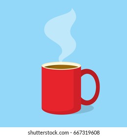 Red coffee mug with steam in flat design style. Vector illustration