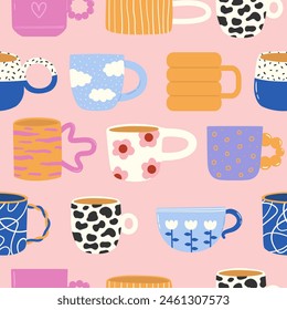 Seamless vector pattern with colorful ceramic cups and mugs. Cute background with bizarre pottery objects. Retro funky kitchen decor. Wallpaper, wrapping paper, textile design