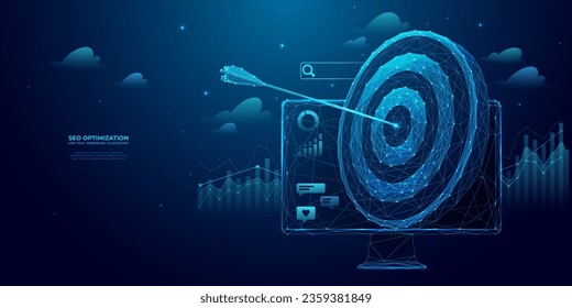 SEO optimization concept in futuristic geometry style. Abstract digital target, arrow in bullseye on a computer monitor screen.  Growth chart on blue technology background. Low poly wireframe vector.