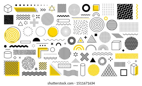 Set of 100 geometric shapes. Memphis design, retro elements for web, vintage, advertisement, commercial banner, poster, leaflet, billboard, sale. Collection trendy halftone vector geometric shapes.