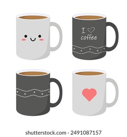 Set of coffee mugs. Mugs in cartoon style. Vector illustration in a flat style. Isolated on a white background.