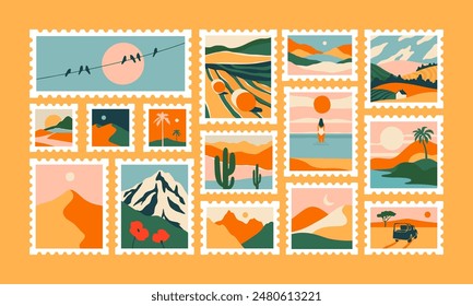 Set of retro nature landscape post card stamp. Vintage style natural environment scenery postage sticker collection, travel destination mail, beautiful tourism scenery. Includes mountain, beach view.	