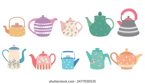 Set of teapots isolated. Cute kettles with ornaments, ceramics, different design crockery, hot drinks mug, kitchen pottery tableware. Isolated appliance for boiling or heating water.