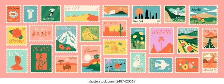 Set of vintage world travel post card stamp illustration. Retro style international country landscape postage sticker collection, famous landmark mail postmark, tourism city view postal label.