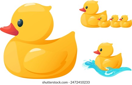 set of yellow rubber bath ducks, rubber baby toy. Stock vector illustration