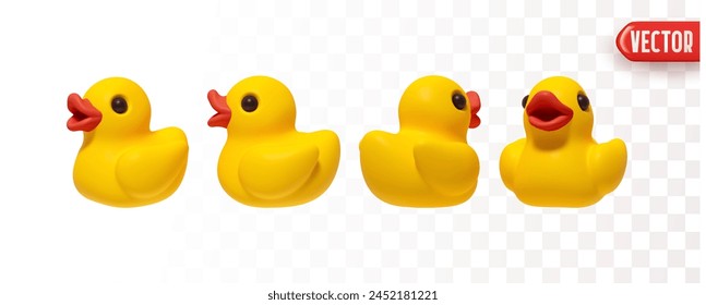 Set of Yellow Rubber Duck in realistic 3d Cartoon style. vector illustration