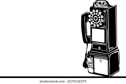 Silhouette of old retro telephone booth phone, sketch drawing illustration of old vintage dial public telephone