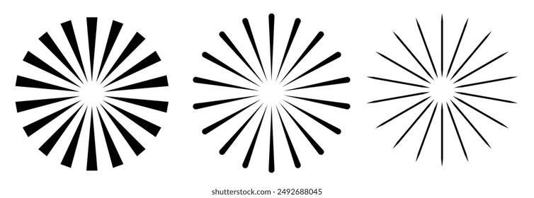 Sun star rays, burst. Radial circle radiation lines. Sun star rays, burst.  Circulars lines beams. Spokes with radiating stripes grid. Vector graphic. Abstract illusion geometric pattern.