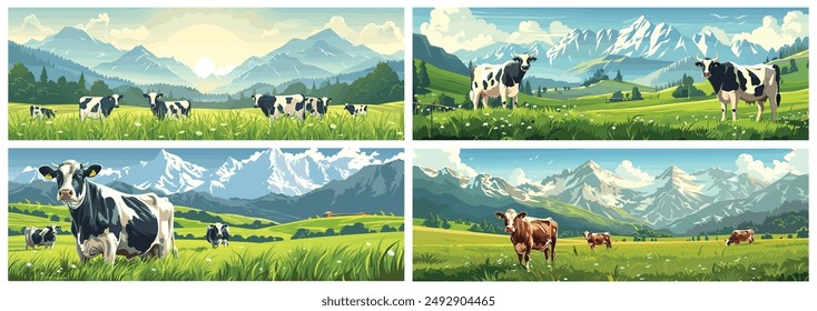 Vector Illustration of a Beautiful Farm Landscape with Cows and Mountains, Farm in the Background. The Grassy Field Shines Green